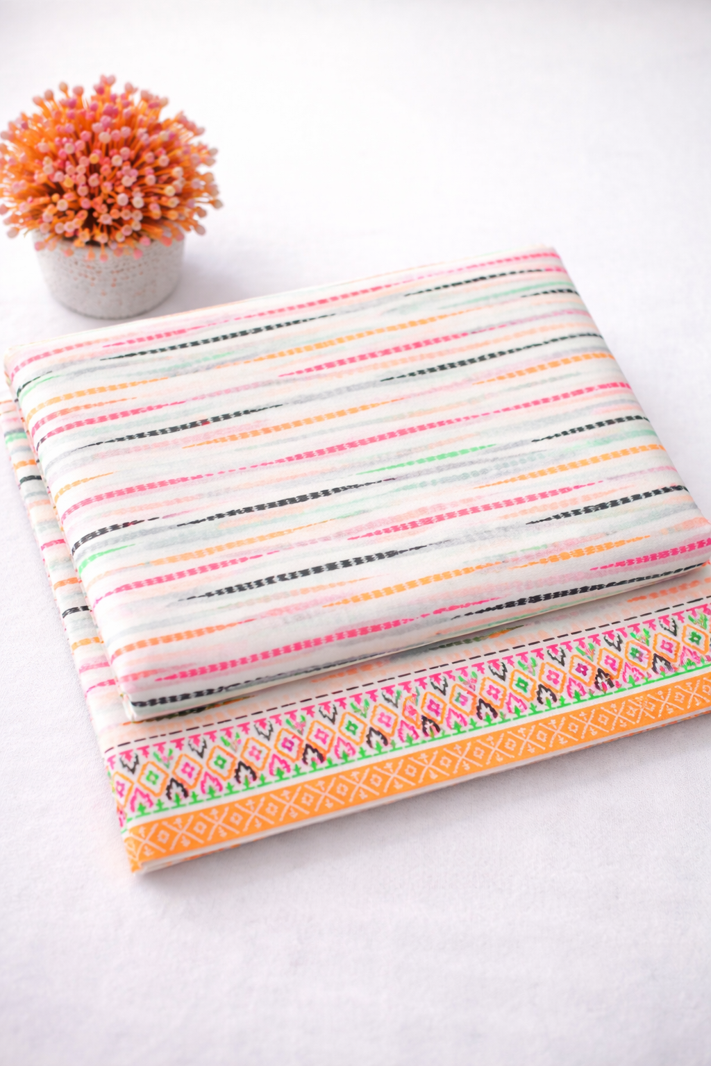 Multicolor Striped Summer Lawn with Ethnic Border