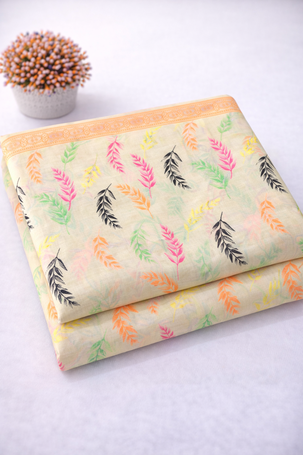 Multicolor Leaf Printed Summer Lawn with Border