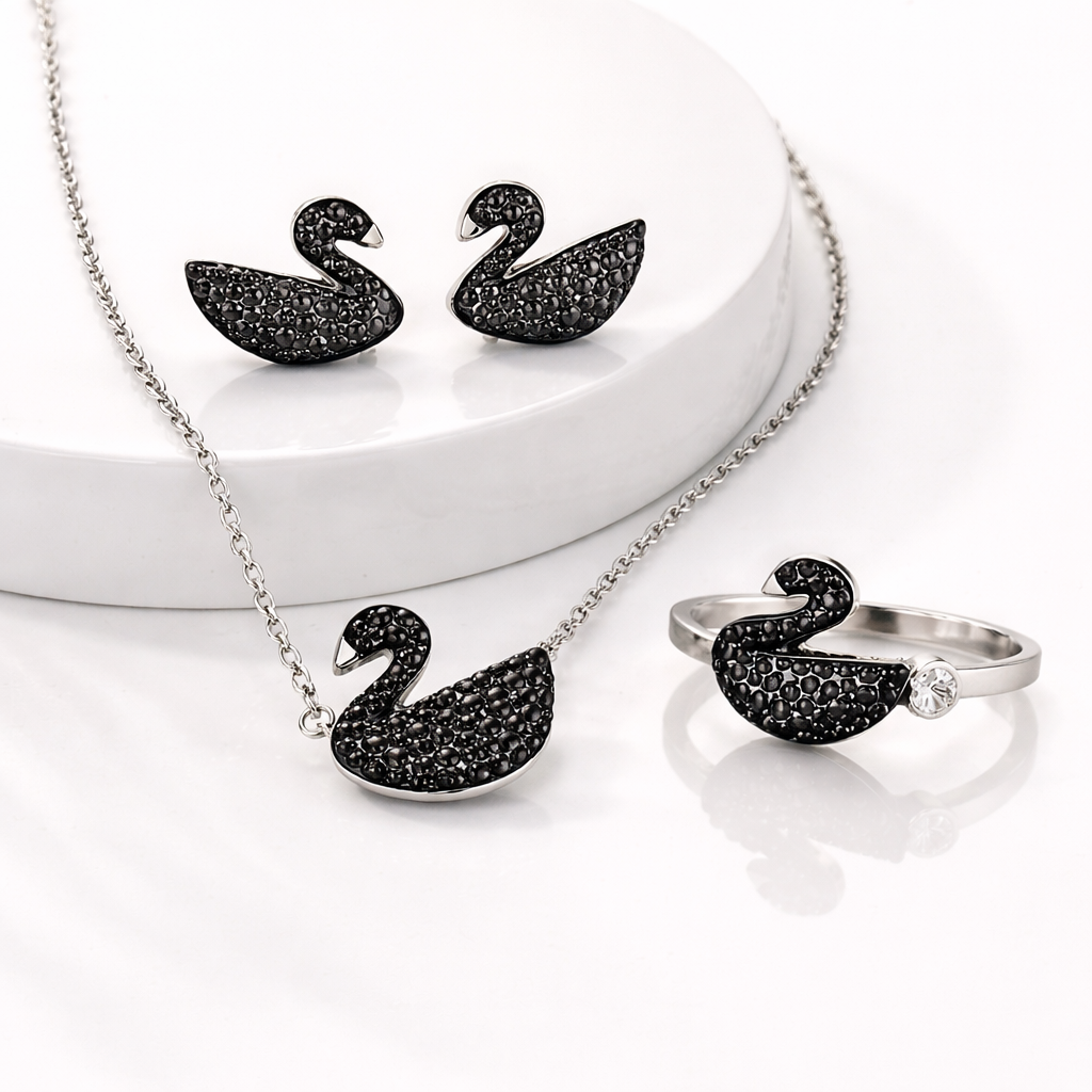 Luxury Black Swan Jewellery Set – Necklace, Ring, Handcuffs & Earrings (5-Piece Set)