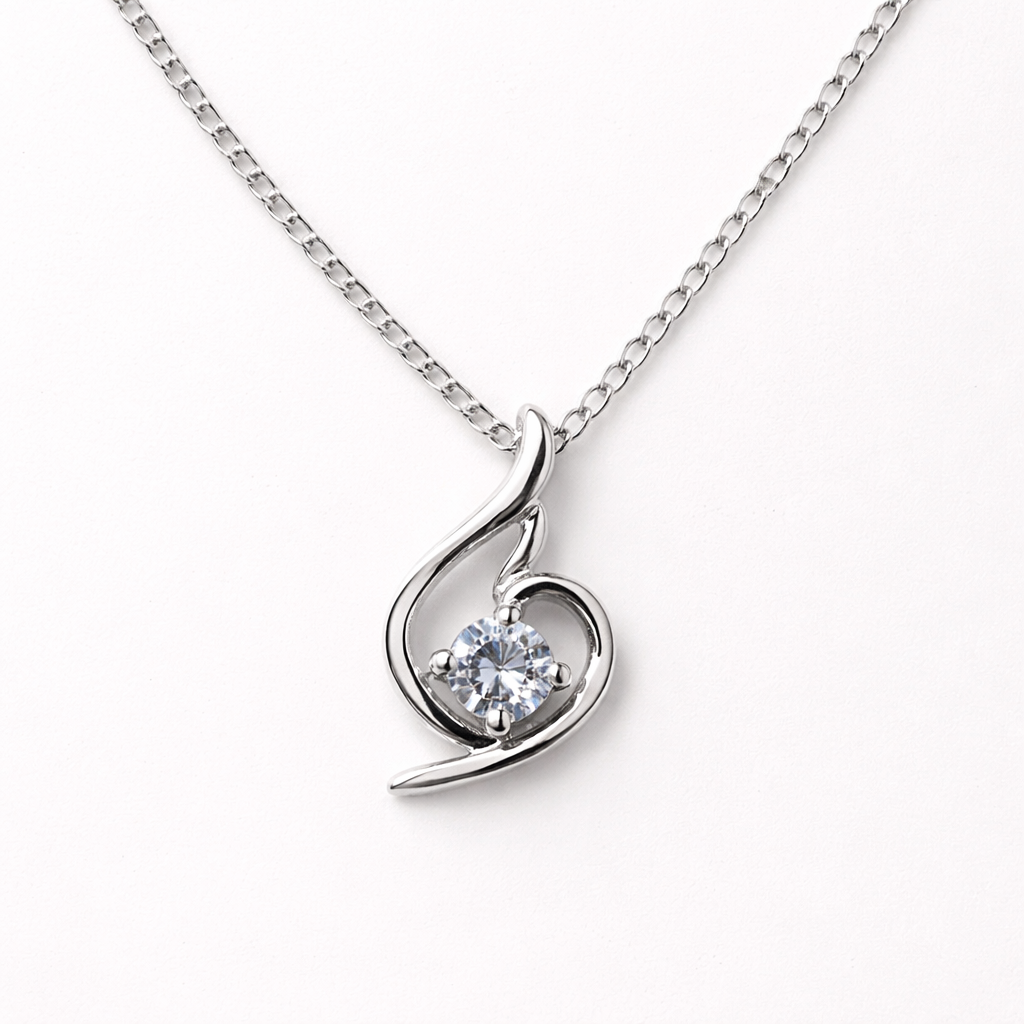 Elegant Silver Crystal Pendant Necklace – Minimal Swirl Design