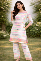 Multicolor Striped Summer Lawn with Ethnic Border