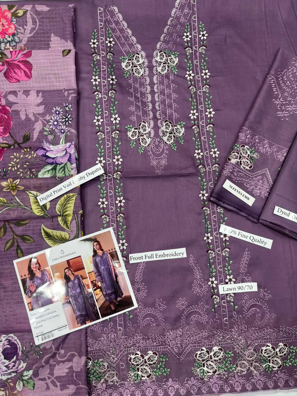 Premium Airjet Lawn Embroidered Suit with Digital Print Dupatta