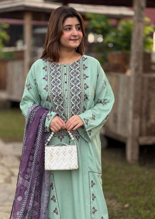 Elegant Embroidered Lawn Suit with Printed Voil Dupatta