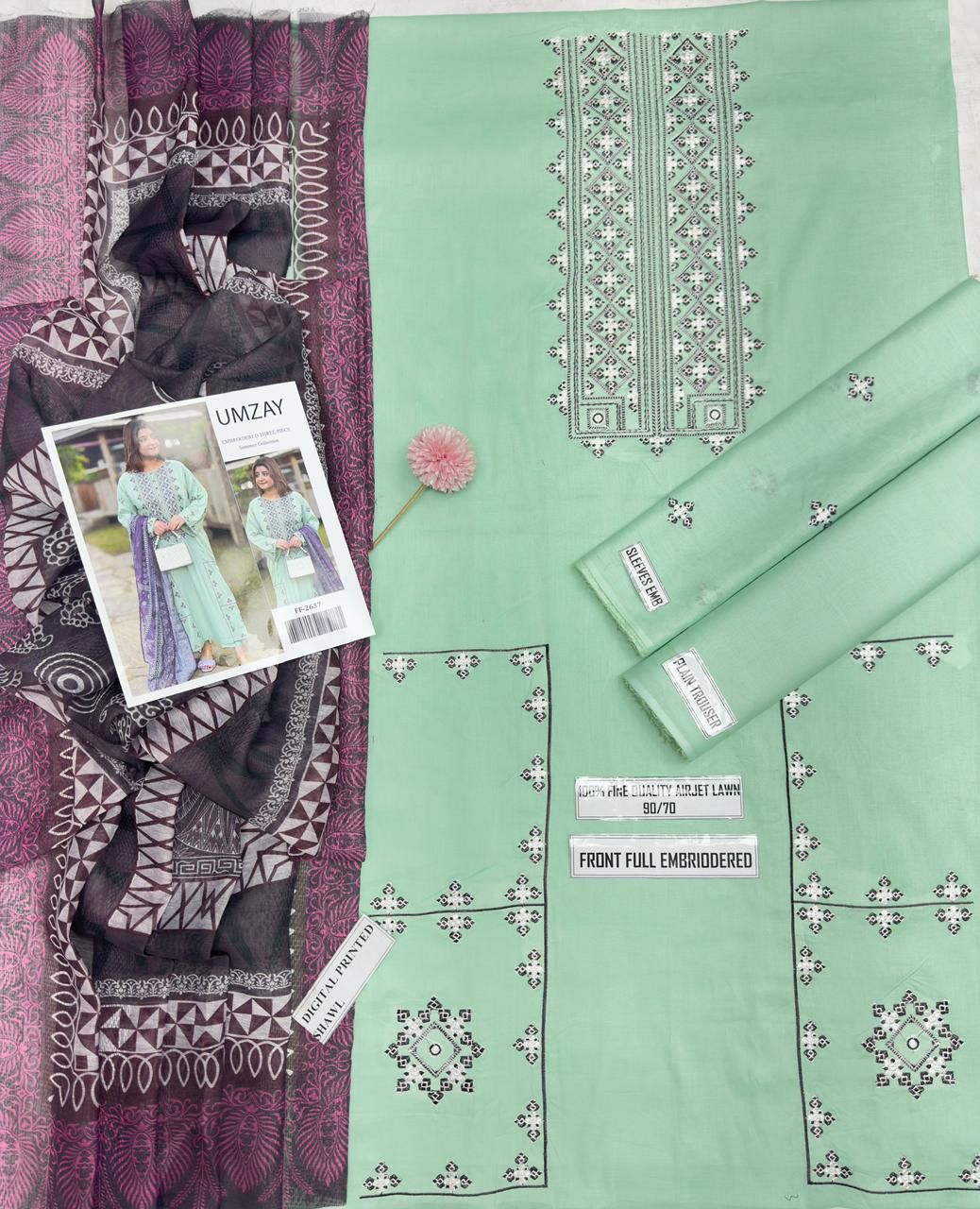 Elegant Embroidered Lawn Suit with Printed Voil Dupatta
